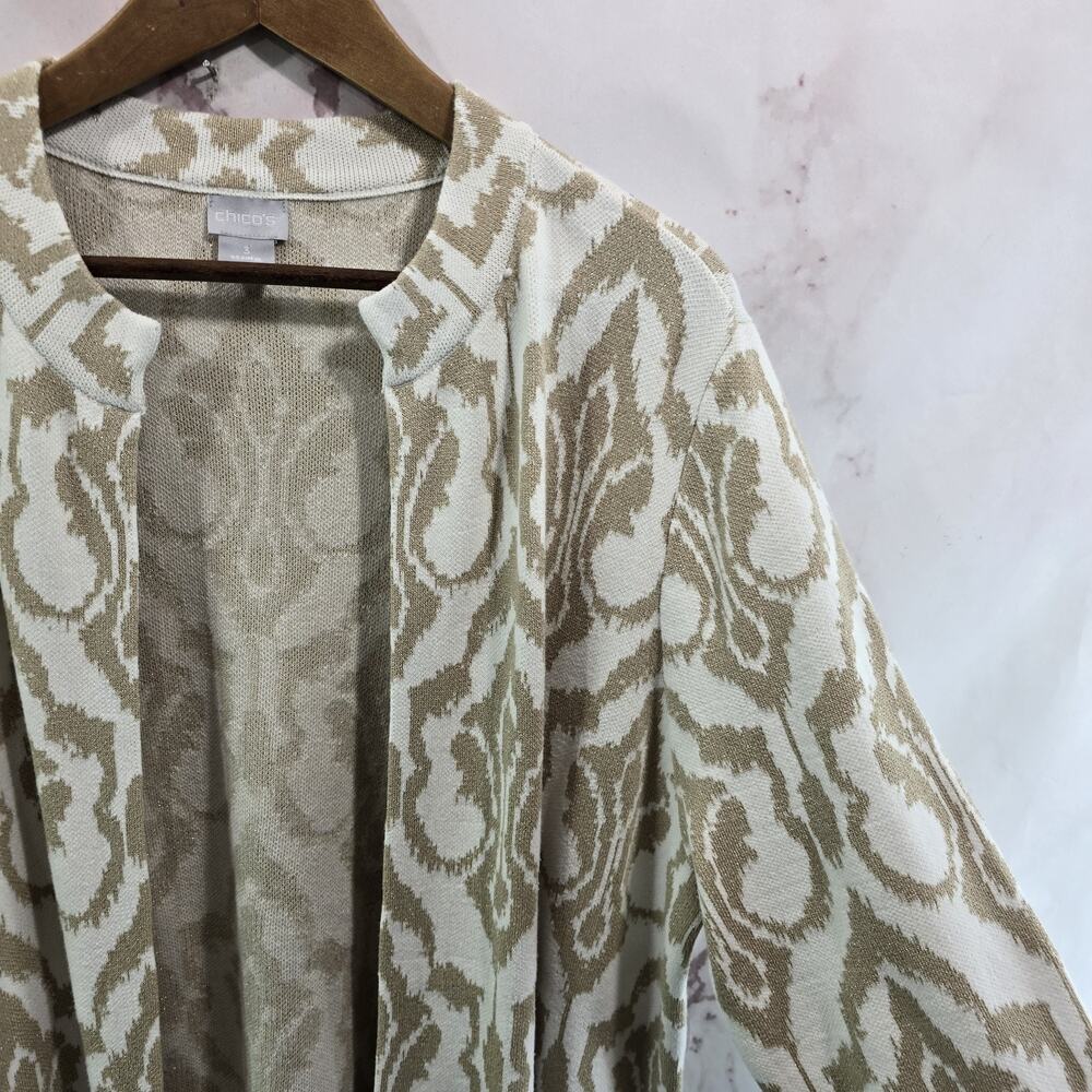 Chicos Cardigan Womens 3 XL Tan Brown White Sweater Neutral Pattern Long Topper - Picture 13 of 14